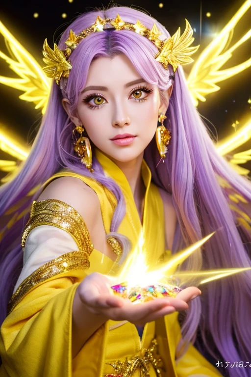 ((highest quality)), ((masterpiece)), (detailed), Perfect Face,kind,Healing,Alluring,fortune teller,Fantastic,vivid,Long Hair,front,Gal,Flashy hair,Wizard,Anime style robe,Yellow Eyes,Eyelashes,crystal,(yellow),Angel Wings,Large earrings,crystal,crystalのティアラ,Gold Cane