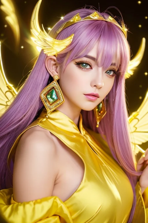 ((highest quality)), ((masterpiece)), (detailed), Perfect Face,kind,Healing,Alluring,fortune teller,Fantastic,vivid,Long Hair,front,Gal,Flashy hair,Wizard,Anime style robe,Yellow Eyes,Eyelashes,crystal,(yellow),Angel Wings,Large earrings,crystal,crystalのティアラ,Gold Cane