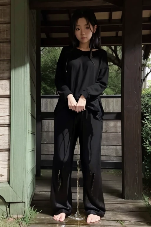 Japanese Girl sees the ghost and pees her black palazzo pants until her pants are wet in fright.
