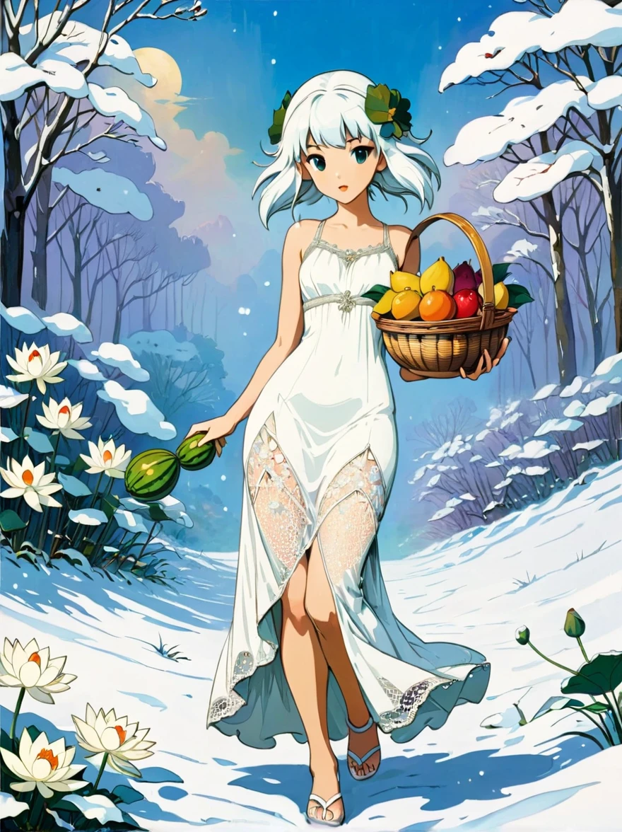 The goddess Fortuna holds a fruit basket woven with white lace，Wearing a white lace dress，There is a pure white snow lotus painted on it，Take a walk in the fruit-filled nature, in the style of Frank Frazetta and Roger Dean, painted in the style of John William Waterhouse and Alphonse Mucha