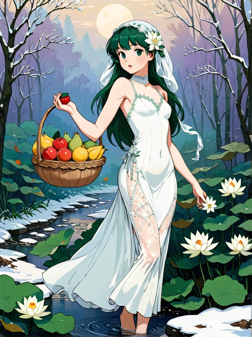 The goddess Fortuna holds a fruit basket woven with white lace，Wearing a white lace dress，There is a pure white snow lotus painted on it，Take a walk in the fruit-filled nature, in the style of Frank Frazetta and Roger Dean, painted in the style of John William Waterhouse and Alphonse Mucha