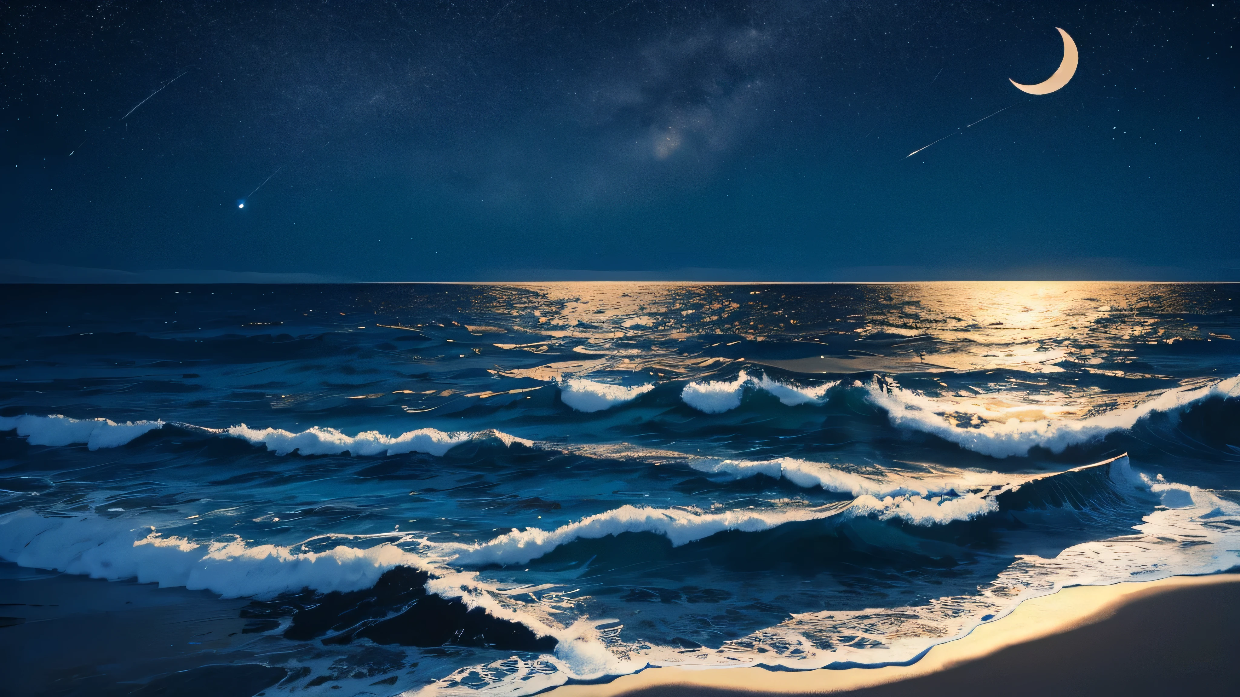 Calm Ocean,Starry Night,Crescent Moon,