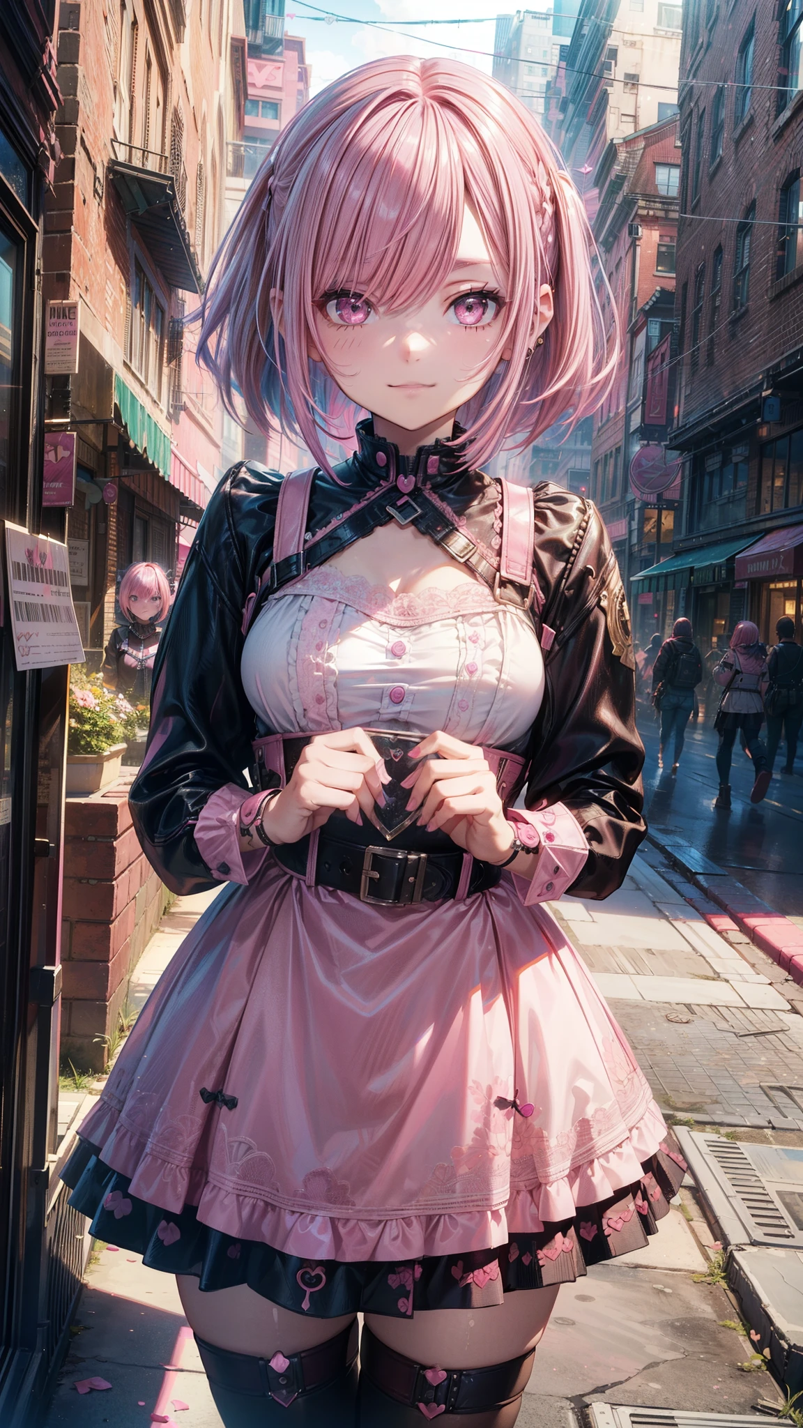 1girl,alone,solo,emo girl,medium breasts,smile,bob hair,(pink hair:1.5),black eyes,cowboy shot, dutch angle, detailed ,background,urban,reflection,, (masterpiece:1.2), (best quality:1.2), (very aesthetic:1.2), (absurdres:1.2), (detailed background),newest,ai-generated, intricate,