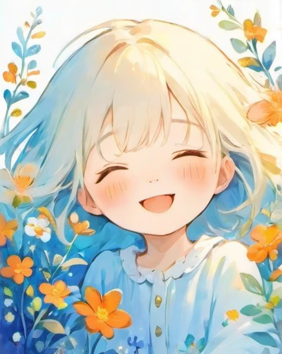 Make the whole body visible、Smiling on Earth、Make the background blue、、Illustration of a shy and sleepy girl, Completely white image, Very soft color, watercolor, Flowers, Hannah Dale,Many small orange flowers are blooming、Get drunk