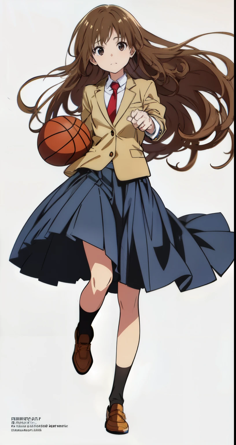 (playing basketball:1.25), (running:1.5), (dynamic pose:1.5), (wind:1.25), (white background:1.0), (best quality:1.0), (masterpiece:1.0), (super fine illustration:1.0), (beautiful artwork:1.0), (anime screencap:1.0), (official art:1.0), (full body:1.0), (solo:1.0), (HSGα:1.0), (a 18yo cute girl:1.0), (long skirt:1.3), (dark blue skirt:1.0), (pleated skirt:1.0), (school uniform beige blazer:1.0), (red necktie:1.0), (loafers:1.0), (black socks:1.0), (ideal ratio body proportions:1.2), (lanky:1.2), (tall:1.2), (slender:1.2), (small breasts:1.2), (smaller face:1.2), (tareme:1.0), (detailed beautiful eyes:1.0), (detailed beautiful face:1.0), (glowing black eyes:1.0), (long hair:1.0), (brown hair:1.0), (looking at viewer:1.0)