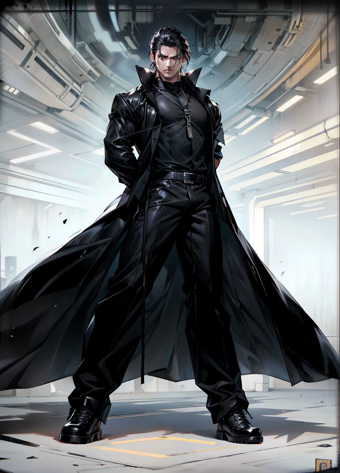 boys 26 Years old, Serious face, black hair, flowing hair, muscular, wearing ((black shirt)), black pants, high cut boots, standing