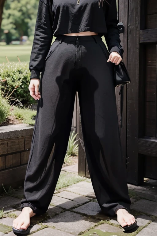 Japanese Girl sees the ghost and pees her black palazzo pants until her pants are wet in fright.