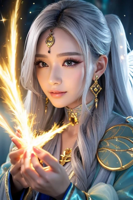 ((highest quality)), ((masterpiece)), (detailed), Perfect Face,kind,Healing,Alluring,fortune teller,Fantastic,vivid,Long Hair,front,Gal,Flashy hair,Wizard,Anime style robe,gray色の瞳,Eyelashes,crystal,(gray),Angel Wings,Large earrings,crystal,crystalのティアラ,Gold Cane