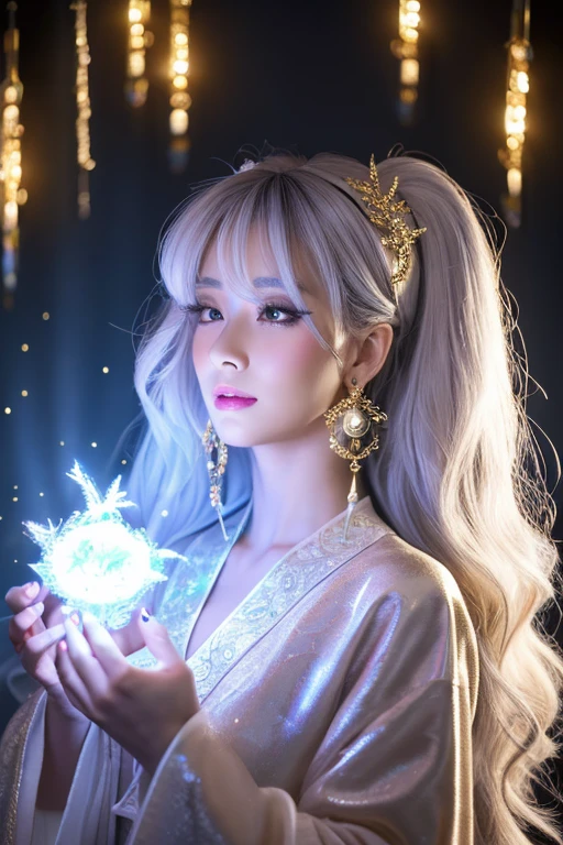 ((highest quality)), ((masterpiece)), (detailed), Perfect Face,kind,Healing,Alluring,fortune teller,Fantastic,vivid,Long Hair,front,Gal,Flashy hair,Wizard,Anime style robe,gray色の瞳,Eyelashes,crystal,(gray),Angel Wings,Large earrings,crystal,crystalのティアラ,Gold Cane