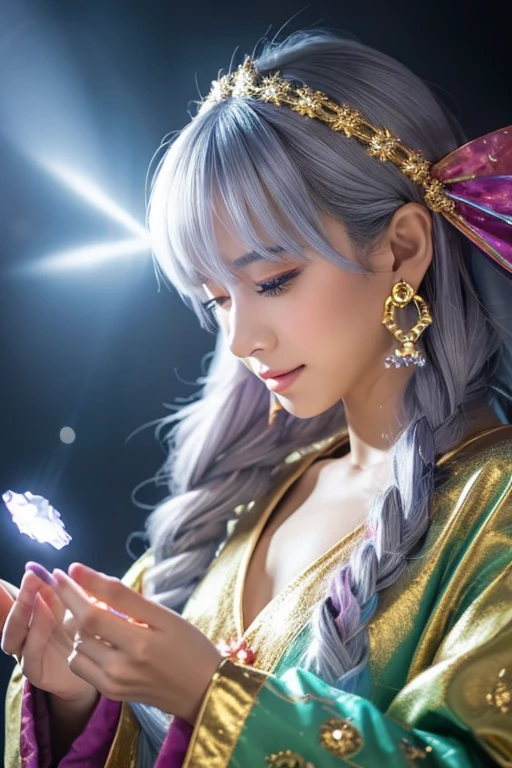 ((highest quality)), ((masterpiece)), (detailed), Perfect Face,kind,Healing,Alluring,fortune teller,Fantastic,vivid,Long Hair,front,Gal,Flashy hair,Wizard,Anime style robe,gray色の瞳,Eyelashes,crystal,(gray),Angel Wings,Large earrings,crystal,crystalのティアラ,Gold Cane