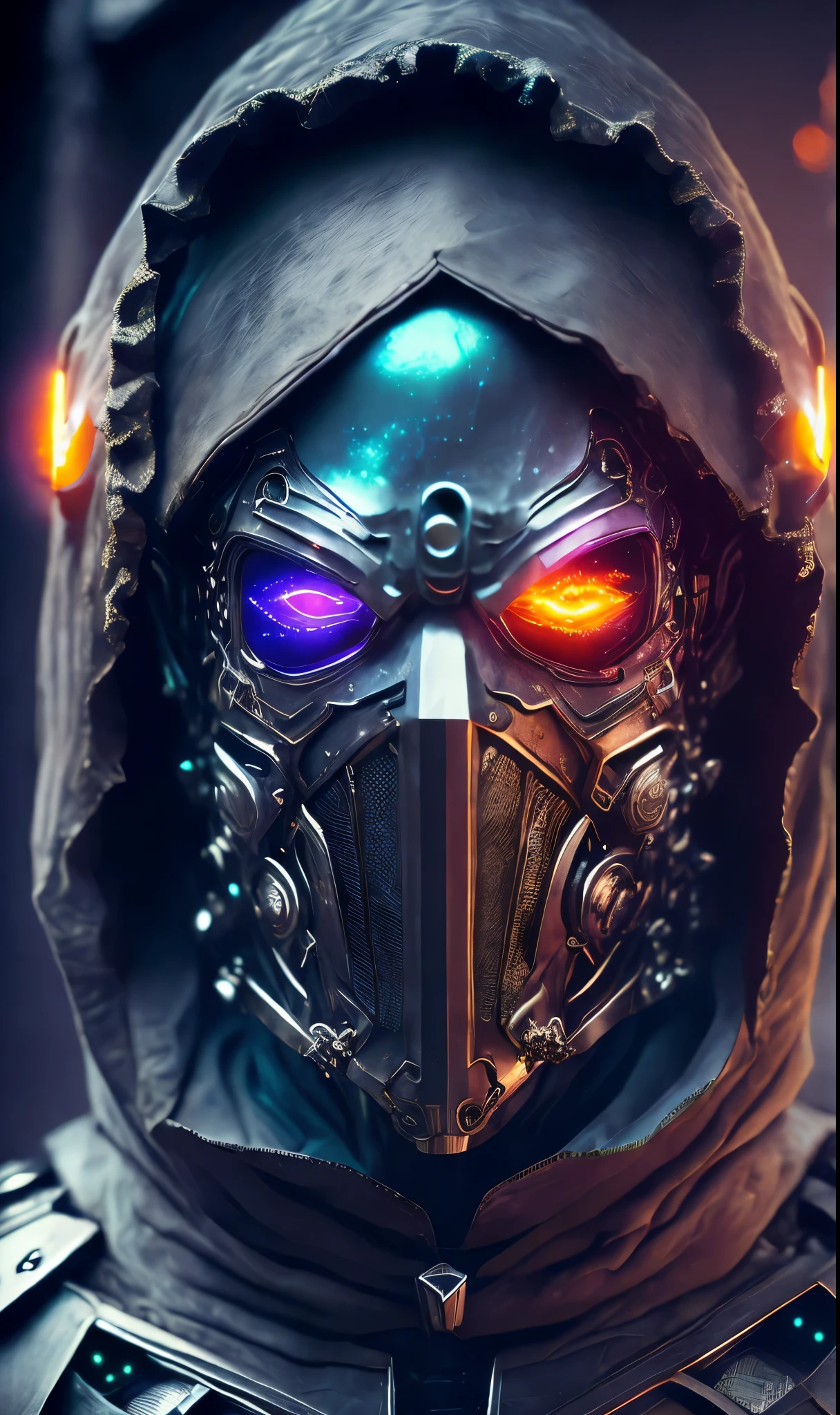 breathtaking cinematic science fiction photo of a portrait of a non human masked Grim wrapped in universal smoke chrome metal skin, body full glowing metrics inside, glowing multicoloured eyes, multifaceted eyes, metallic arms, inside a destroyed building, extremely menacing creature, highly detailed, award-winning