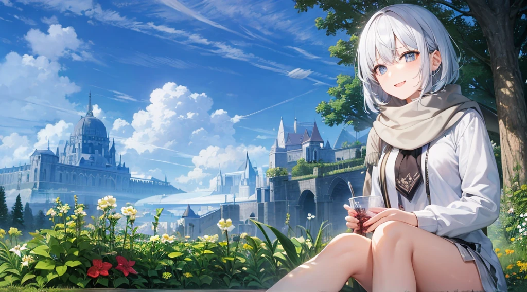 とてもShort Hair, Long bangs between the eyes, Grey Eyes , Very detailed,(masterpiece、highest quality)、alone、Gray Hair、Fantasy, Silver Hair, black eye, Beautiful Eyes,, Ecstasy, charm, attract the audience, Fantasyな風景、White shirt、smile、Open your mouth、Scarf、short hair、Short Hair、Flower Field