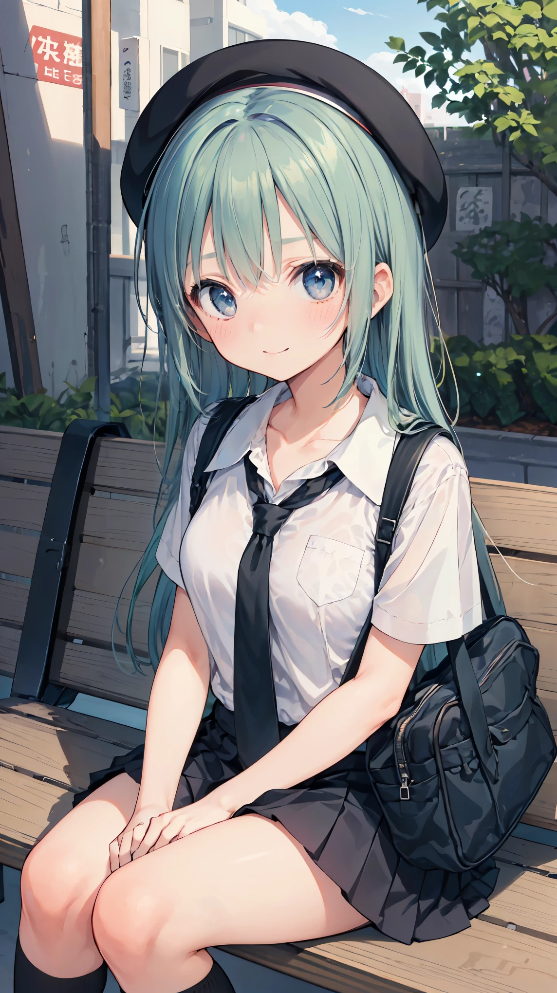(masterpiece, highest quality), High resolution, Detailed face:1.2, anime(1.2), Sharpness, 4K, A woman taking a photo, Panic face, upset, Open your mouth, Long Hair, Green Hair, Straight hair, Fine skin, Beautiful Hands, Beautiful fingers, Wearing a beret, tie, Short sleeve blouse, Pleated skirt, school bag, Thighs, Absolute area, Knee socks, Thighsに手を入れる, Daytime, Hot summer day, School, Schoolyard, Sitting on a bench, Canned juiceを持つ, Natural light, Sharp focus, Hasselblad Photography, Cinema Lighting, whole body, Canned juice, 