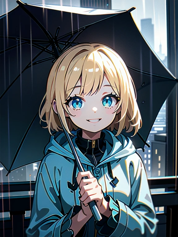 girl, blonde hair, Azure Eyes, rain, Looking up, smile, raincoat, hood, ((absolutely no umbrella)), city, Atmosphere of happiness