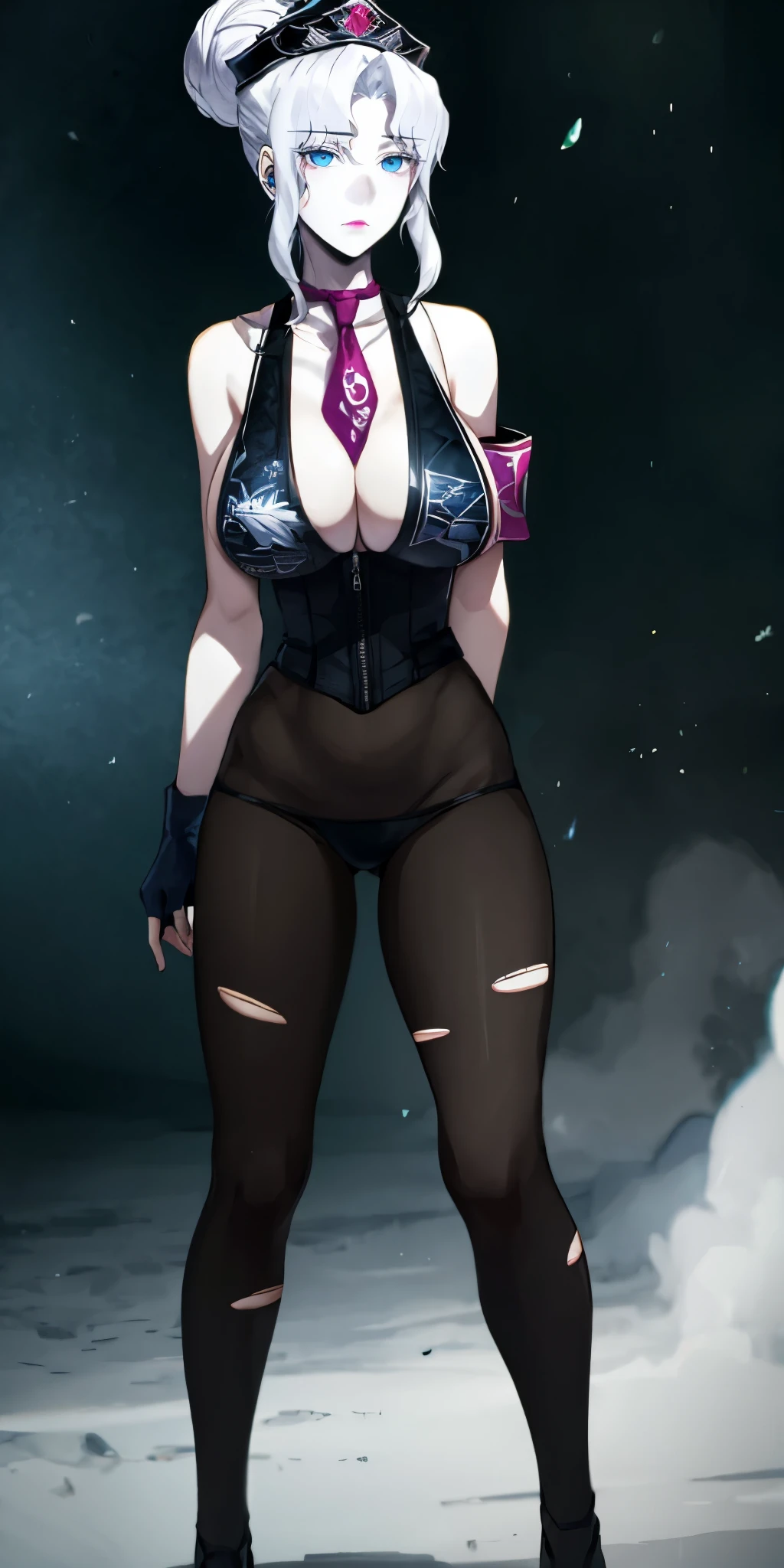 (super-perfect anatomy head face fingers limbs arms hands legs), BREAK
talaris, hair ornament, single hair bun, hair stick, sidelocks, curvy, huge breasts, pale skin, lipstick, BREAK
outfit-sess, torn bodystocking, police hat, pink Necktie, armband, fingerless gloves, standing, walking, tatami, dim lighting, BREAK
hollow eyes, dark-blue eyes, pale skin, lipstick, expressionless,