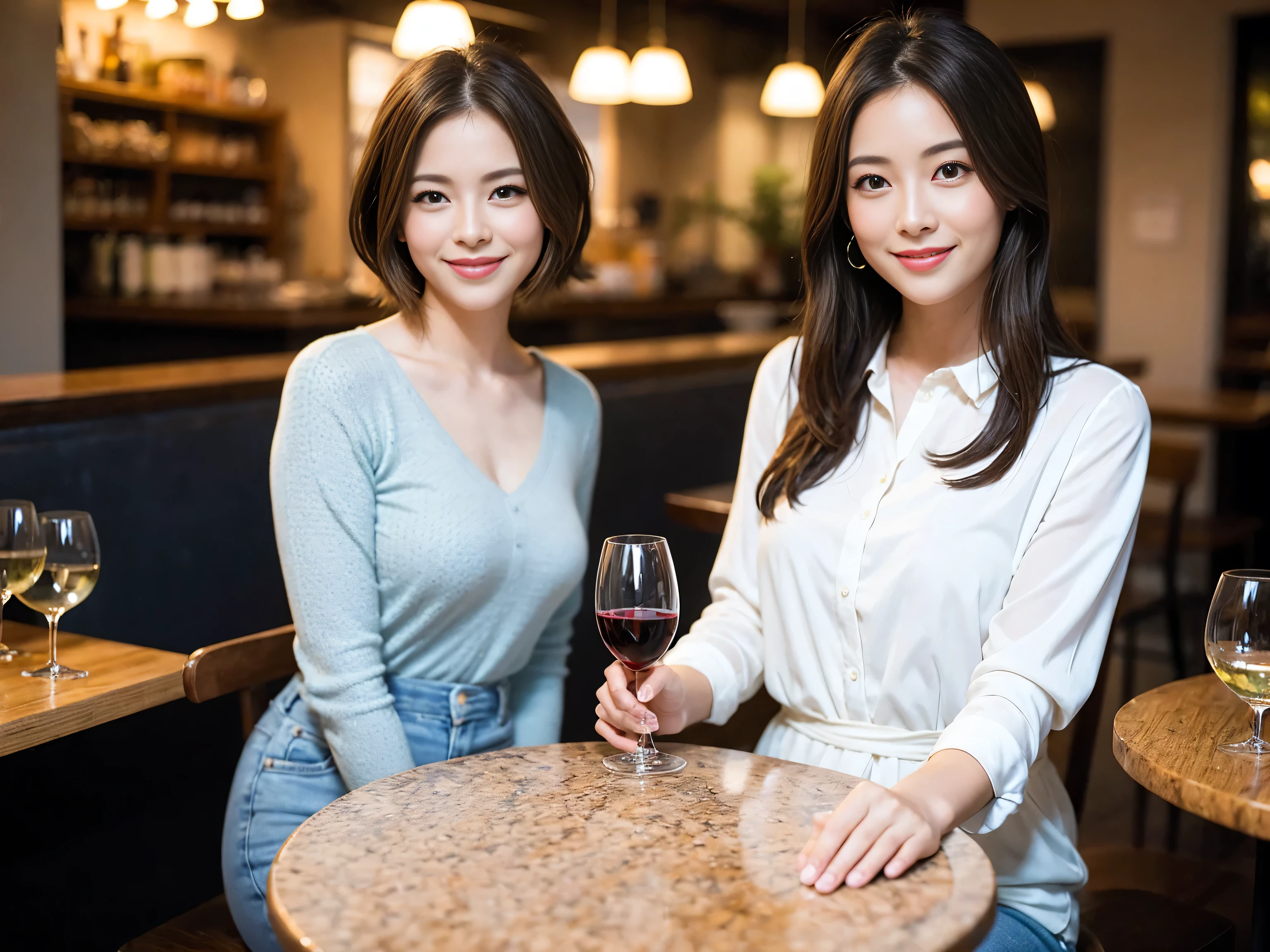 ((highest quality、8k、masterpiece:1.3))、1 male、1 woman who resembles Satomi Ishihara、Couple、Spouse、Couple、The body is slim、((Bob Hale、Straight hair:1.2)), (Realistic, Intricate details:1.2), Wine glass on the table、Put the light on your face、 Amazing view of the sunset sky and clouds、Amazing mountain views、A bright smile、The wonderfulness of smile、Bright image、The beauty of wine, Beautiful Face, blue eyes, The light shines on your face, Blushing, short hair,Bright Face、 (Age 37), 39 years old, red wine 、Appetizers、Italian food、Wine bottle、Champagne、sparkling wine、Two beauties、Brown Hair、Shortcuts、Long sleeve shirt、dress、Pretty Woman 1, (Slim face), (The body is slim), (Brown Hair), (Shortcuts), cheeks turn a little red,Attractive beauty、restaurant, In a prominent place (From the waist up) Nova Frog Style, actress, model, Upper Body, White wine, slim, wine glass, A wine glass placed in the center, smile, (smile: 1.15), Beautiful fine grain, Depth f/2,saturation, High Contrast, Strong light and shadow,Moist Body:1.5、3D texture、Delicate eyes、Brown Hair、The hair is very shiny、