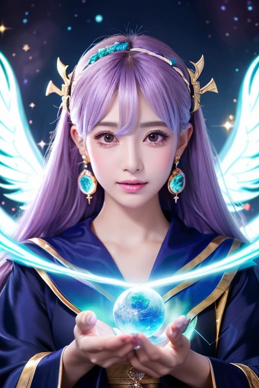 ((highest quality)), ((masterpiece)), (detailed), Perfect Face,kind,Healing,Alluring,fortune teller,Fantastic,vivid,Long Hair,front,Gal,Flashy hair,Wizard,Anime style robe,Navyの瞳,Eyelashes,crystal,(Navy),Angel Wings,Large earrings,crystal,