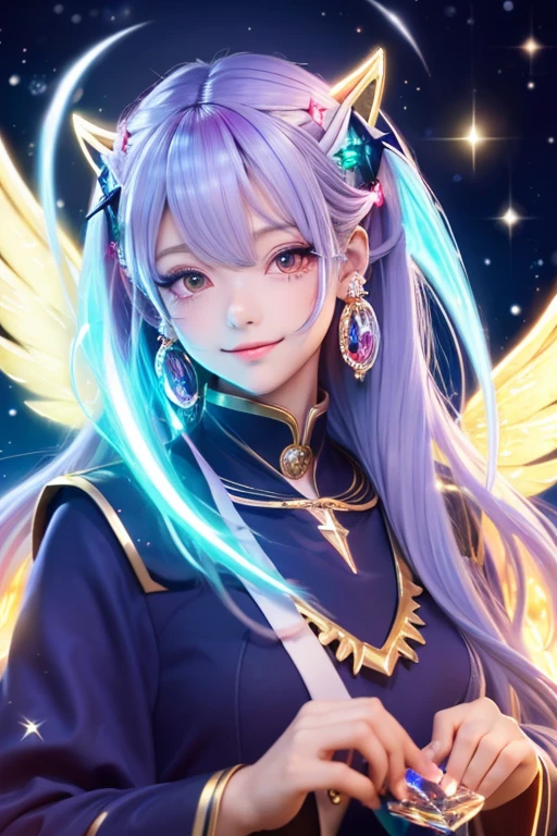 ((highest quality)), ((masterpiece)), (detailed), Perfect Face,kind,Healing,Alluring,fortune teller,Fantastic,vivid,Long Hair,front,Gal,Flashy hair,Wizard,Anime style robe,Navyの瞳,Eyelashes,crystal,(Navy),Angel Wings,Large earrings,crystal,