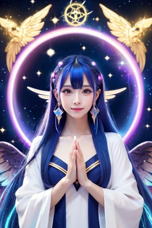 ((highest quality)), ((masterpiece)), (detailed), Perfect Face,kind,Healing,Alluring,fortune teller,Fantastic,vivid,Long Hair,front,Gal,Flashy hair,Wizard,Anime style robe,Navyの瞳,Eyelashes,crystal,(Navy),Angel Wings,Large earrings,crystal,