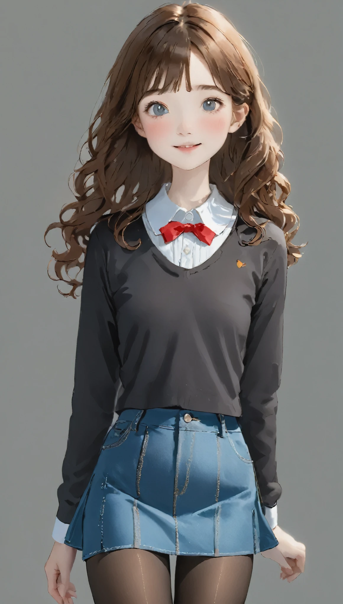 4K, masterpiece, 8k, high quality, 最high quality,10歳のcute少等生, Very white skin, long brown curly hair，a bit，Low length，freckles，Thick eyebrows，Blunt bangs，(Flat Chest) ，feminine, freckles, Tilt, elegant, elegant, cute, smile, cute, Hilarious, belly button, Denim Low Rise Mini Skirt, ((Black Pantyhose)), (Ugly clothes)、((Gray background))