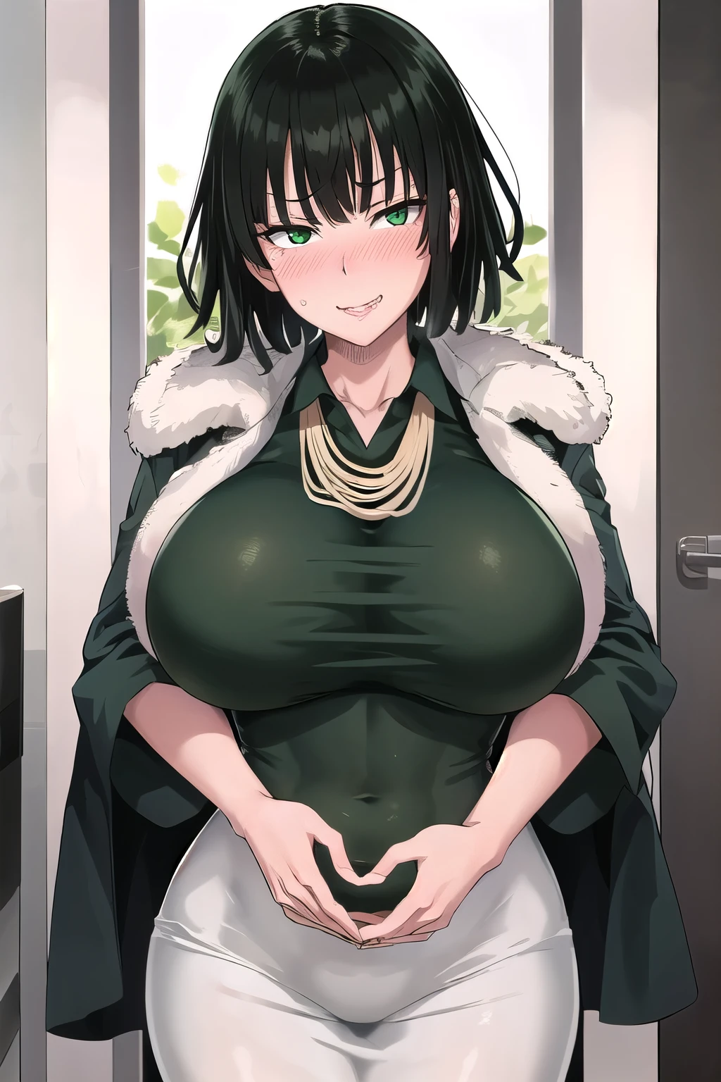 fubuki, One girl, Cute Face,alone, dress, Fur coat, Green Eyes, View Viewer,(big tits:1.1),(large breast:1.2),(busty),((slender)), ((breath)),smirk,(nose blush),Estrus,excited