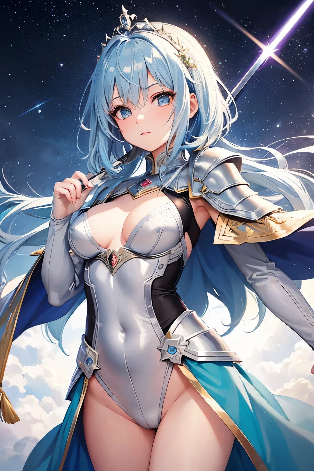 (((highest quality、first-class、masterpiece、Normal body、8k、Detailed face、Ultra-precision、Normal hand、Normal finger、5Finger、Highest)))Brightly colored hair、Silver-turquoise hair、Short Hair、Shortcuts、Sleeping habit head、Unshaven Head、Small breasts、Beautiful body、Ultimate Hero、Brave Princess Knight、Metallic Night、Sword of Light、Metallic Sword、Sword and magic circle、Magic Sword、The Great Magic of Light、huge magic circle、metallic Silver、enamel(Metallic Tiara、Metallic Dress Armor、metalic armor、Metallic Leotard、Metallic Leotardアーマー、Metallic Belt、Metallic Half Cape)、enamelカラー、enamelシルバー、Blue and scarlet odd eyes、Shining Knight、Transcendent、Absolute area、Champion