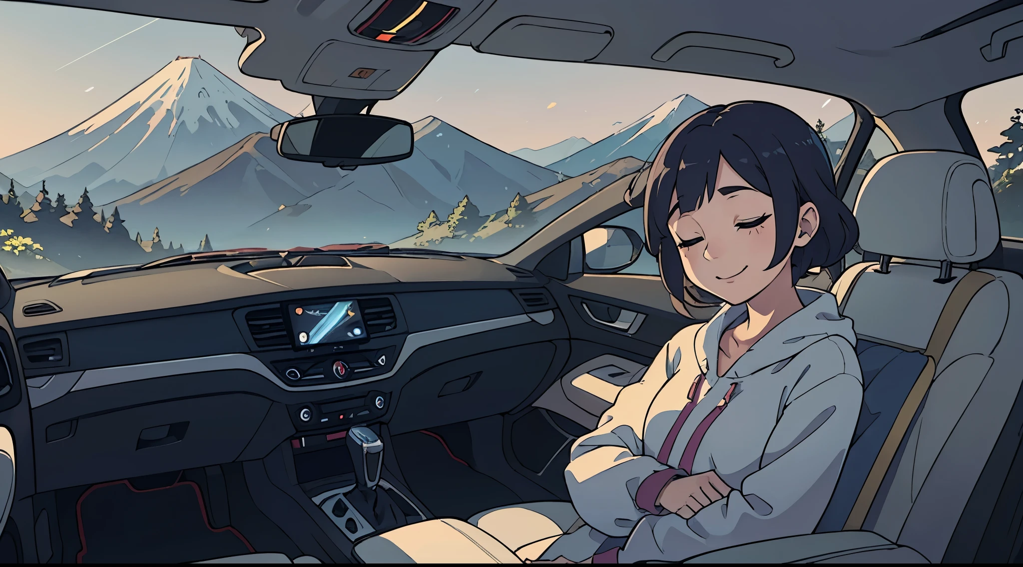 Octane Render、(Hyper-detailing: 1.15)、(Soft light、sharp: 1.2)、morning、 a girl sleeping on a car, above the car, chilling, relax, background: mountain road, Fuji Film, F/4.0, masutepiece, Anatomically correct、A smile, radiant light, watching the view