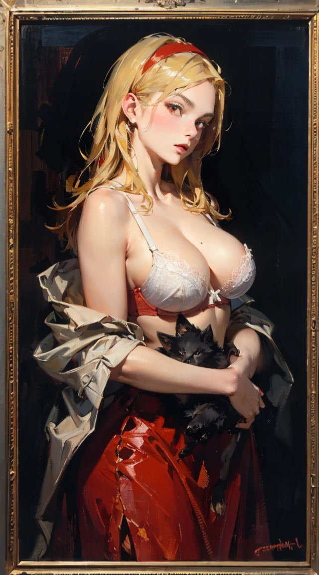 Depicts a strong werewolf hugging a blonde girl,(((black humanoid wolf))),(((Black furry humanoid wolf))),(((Beautiful sexy girl))),(((Blonde girl))),(((Girls wear:Red dress,Manteau blanc,red head band, big bust bra, a skirt, red long skirt,laced dress))),((Sexual suggestiveness)),Correct anatomy,Detailed face, Detailed eyes,(((the right proportions))),City at night,The lights are on,scene of serious conflict,a warm color palette,(post impressionist),(Fechin Oil Painting - Fechin Oil Painting , oil painted), 008
