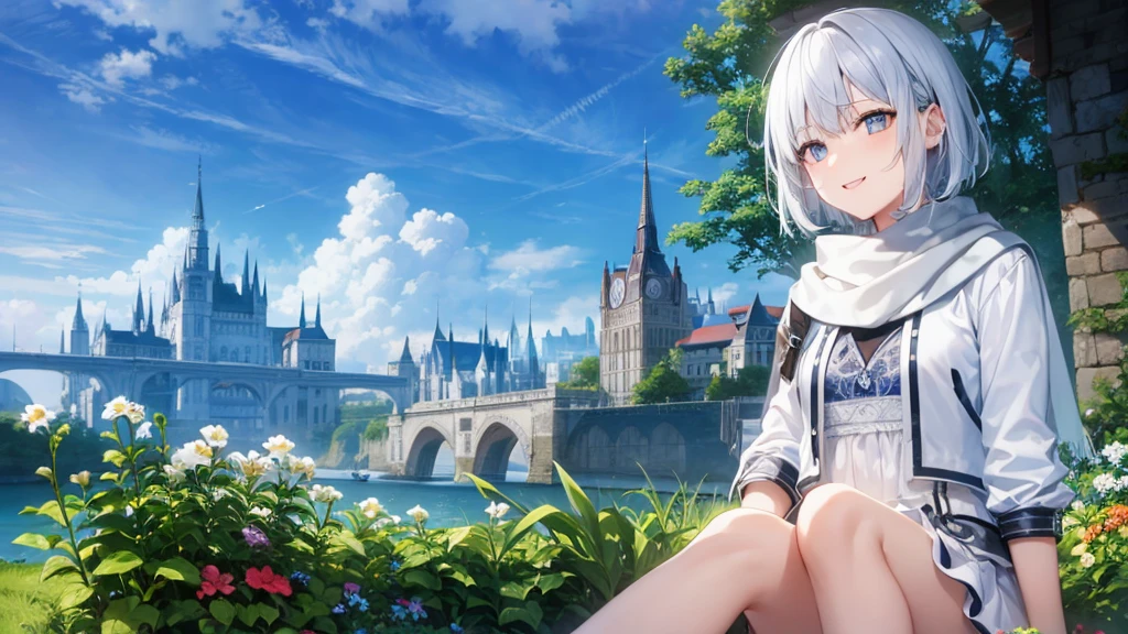 とてもShort Hair, Long bangs between the eyes, Grey Eyes , Very detailed,(masterpiece、highest quality)、alone、Gray Hair、Fantasy, Silver Hair, black eye, Beautiful Eyes,, Ecstasy, charm, attract the audience, Fantasyな風景、White shirt、smile、Open your mouth、Scarf、short hair、Short Hair、Flower Field