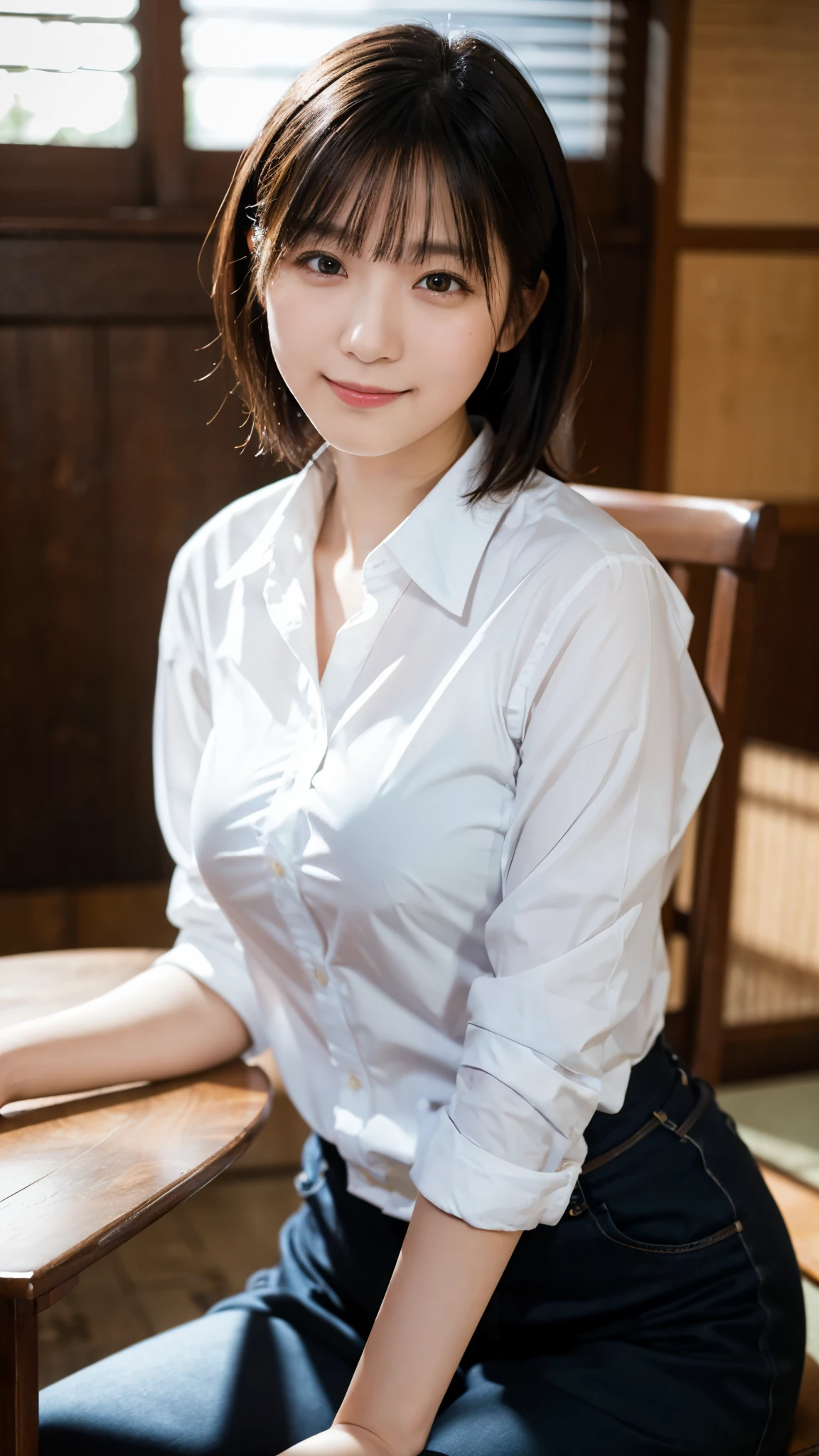 (highest quality,masterpiece:1.3,Ultra-high resolution),(Super detailed,Caustics,8k), (Photorealistic:1.4, RAW shooting),dusk,Sunset sky,Dimly lit classroom,Japanese,20-year-old,smile,Black Hair Middle Hair,(White shirt),Big Breasts,Bust up shot,Natural light