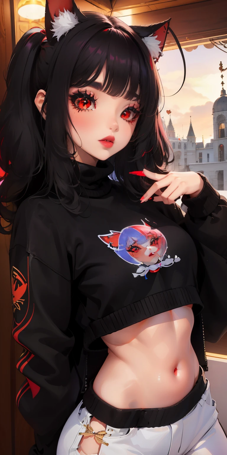 ultrarrealista, 1 chica junkotvv , pelo negro, red eyes, ojos brillantes, crop top sweater, aula, falda, Labios partidos, Rubor, ventanas tintadas, orejas de gato
