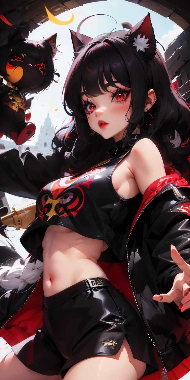 ultrarrealista, 1 chica junkotvv , pelo negro, red eyes, ojos brillantes, crop top sweater, aula, falda, Labios partidos, Rubor, ventanas tintadas, orejas de gato