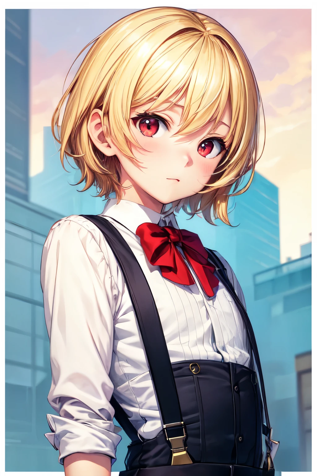 boy,uniform,suspenders,Blonde,Short Hair,Red eyes,Anime-style illustrations,British style,No background