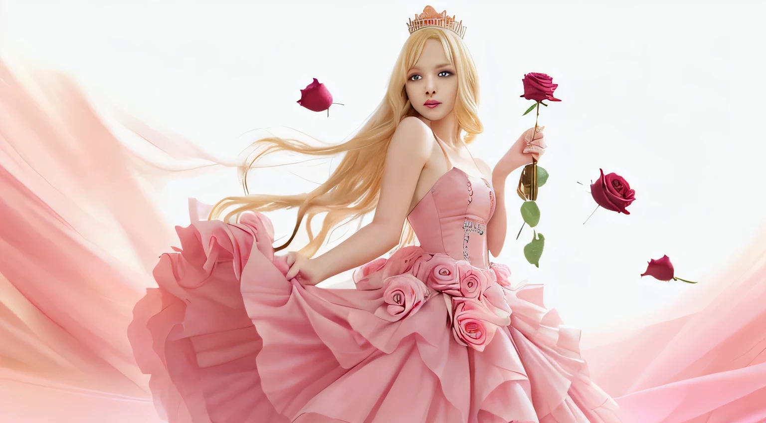 Girl, blonde hair, wearing a crown, pink dress, holding a rose