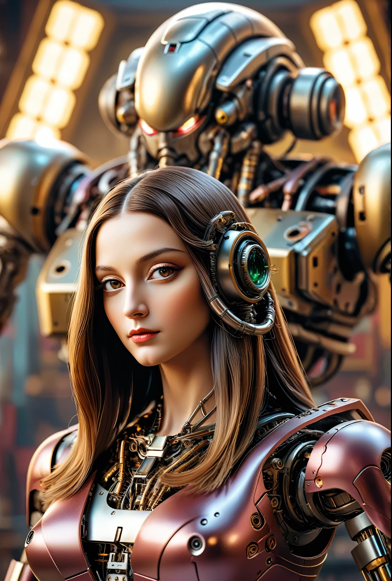 （（tmasterpiece，best qualtiy）），Beautiful 8K Ultra HD professional photos, Sharp focus, Complex illustrations in surrealist art style，Mona Lisa wearing mecha and large mechanical robot structure