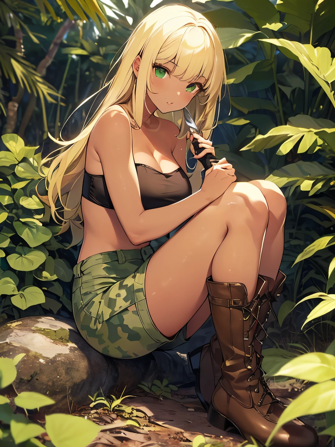 highest quality，(masterpiece)，(((Whole body image)))，(girl１)， (Highly detailed face),Slightly round face, (Tan brown face:1.6), Boyish beauties, Beautiful lips，Grim face，Troubled face，Beautiful lips，，(Black gal:1.6),（Big eyes)，(Smooth, straight, long hair:1.5）,(strong blonde hair:1.6),(blunt bangs),(Brown skin:1.6),(Green denim hot pants:1.3),(Camouflage pattern tube top:1.3),(Brown leather short boots:1.2),(Holding a knife:1.3)，in the forest，In the jungle，Grassy ground，Woman in survival mode，Sexy thighs，Provocative Ass,　(Both legs are turned inwards:1.6),Heat，Sweat heavily，Tropical forests，During a break，(Sit comfortably in the bushes:1.3), Frontal angle, Beautiful buttocks, Night Sky, Bonfire,Mysterious brightness，