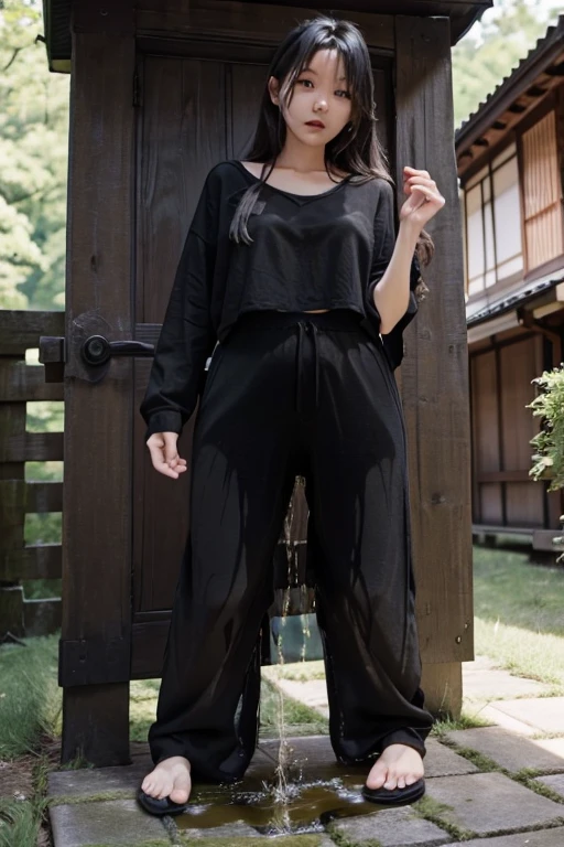 Japanese Girl sees the ghost and pees her black palazzo pants until her pants are wet in fright.