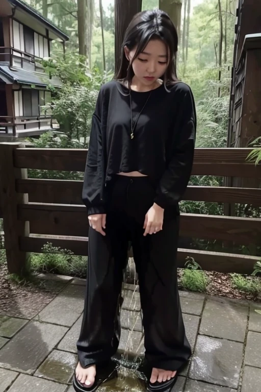 Japanese Girl sees the ghost and pees her black palazzo pants until her pants are wet in fright.