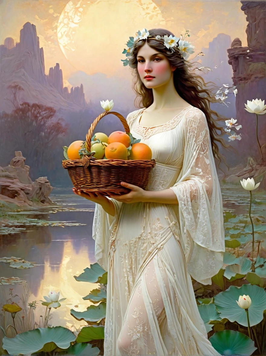 The goddess Fortuna holds a fruit basket woven with white lace，Wearing a white lace dress，There is a pure white snow lotus painted on it，Take a walk in the fruit-filled nature, in the style of Frank Frazetta and Roger Dean, painted in the style of John William Waterhouse and Alphonse Mucha