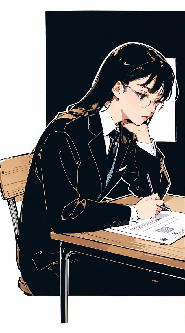 Stickers, outline, vector, White outline　Studying at a desk　Sitting　Landscape　Wearing glasses　Bright room