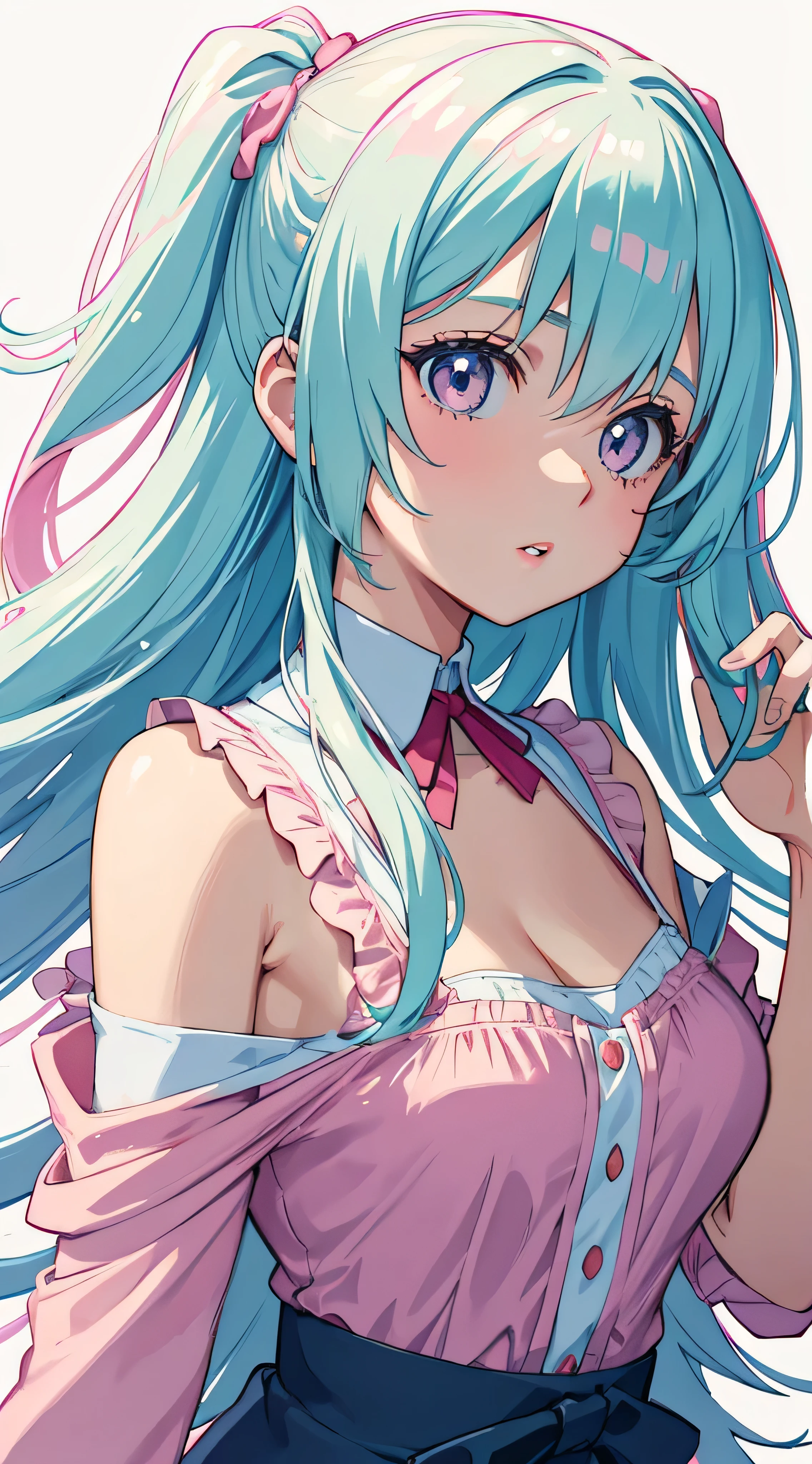 a little lovely ??? girl，redish pink lips，Wearing a bright white shirt，Pastel palette aurora punk style，Anime illustration of her face，Animated GIFs，hand-drawn animation，Captivating sketch，Smooth and shiny，Hazy romanticism，Super Flat Style,White background -- ar 1:1--niji 5--style expressive--s 50，cleavage，(Large breasts，The shoulder straps slip off)