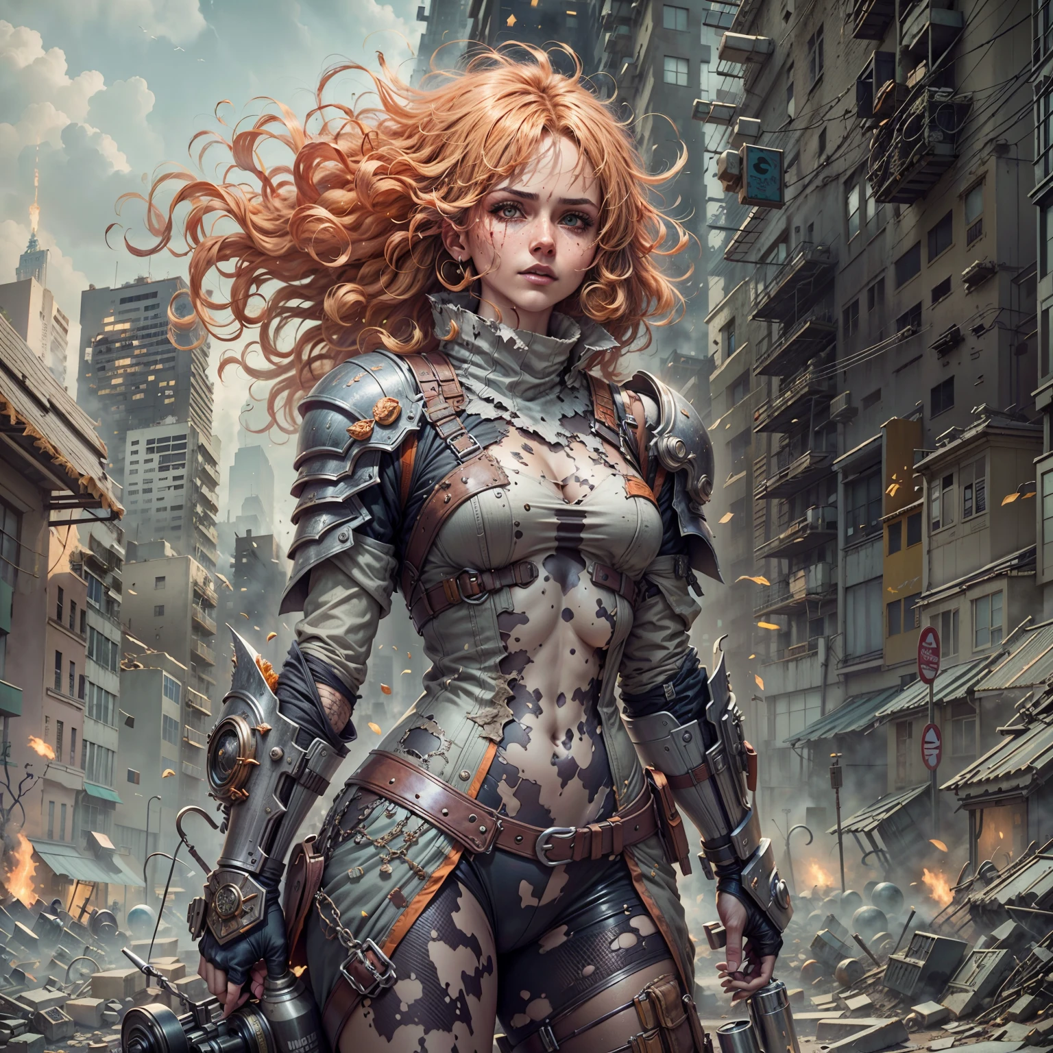 uma linda mulher, olhos laranja, (nariz corado), olhos detalhados, cinematic, desenhado por Greg Rutkowski, Yoji Shinkawa: 0.6 cabelos longos e cacheados laranja, corpo definido, vestindo armadura detalhada da era vitoriana (((Super forte)), Obra de arte, melhor qualidade, ultra-detalhado, floor, destroyed city backfloor, sombras, Contraste, grey sky, estilo (olhe para o visualizador: 1.2) (textura da pele) (film grain: 1.3), ultra-high resolution, octane rendering, 16k