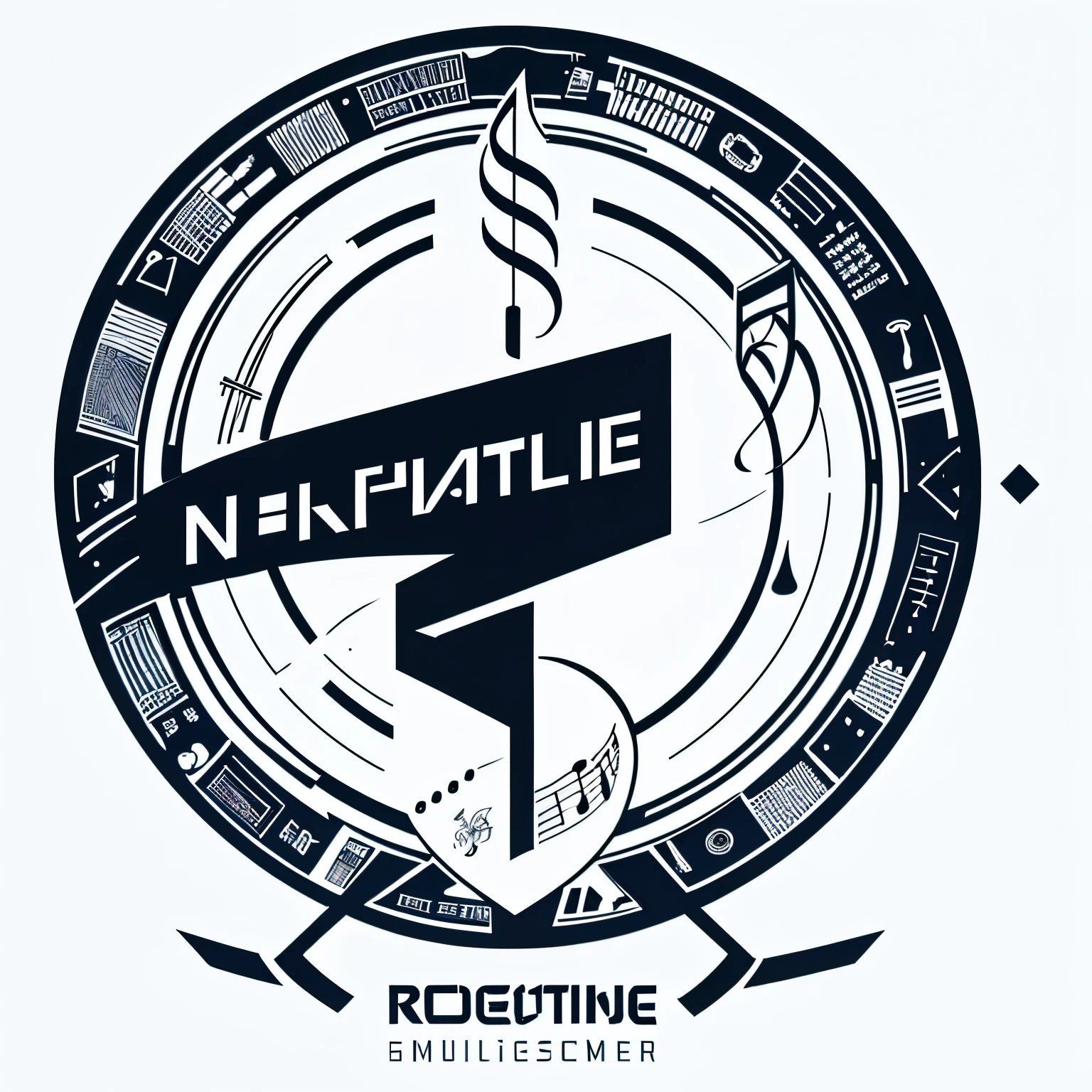 Corporate logo、emblem、simple、letter、Near future、margin、simpleなフレーム、White background only、Monochrome、Placed in the middle、Front view、No humans、cool、geometry、Musical note motif