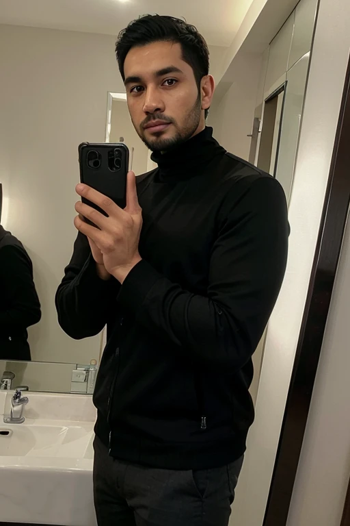 a handsome 30 year old man with an Indonesian face with a thin beard and a slightly fat body, wearing a black jacket and black turtleneck shirt is taking a photo of himself with his Samsung Note 10 in front of the mirror in a hotel room. The picture is very realistic and super detailed