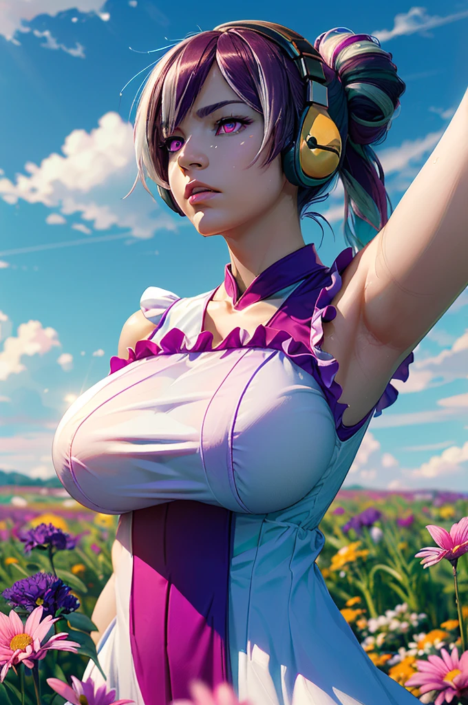 (ultra realistic,32k, masterpiece:1.2),(high detailed skin:1.1),( high quality:1.1),
haehyun kum, hair bun,headphones, (frustrated:1.1),multicolored hair, purple hair, white hair and pink eyes,outside flower field,(layered ruffle dress:1.1), sleeveless,  colorful flowers, sunshine,sky, clouds, blurry background,,fighting pose, (huge breast,large breast:1.1),(lighting:1.1),