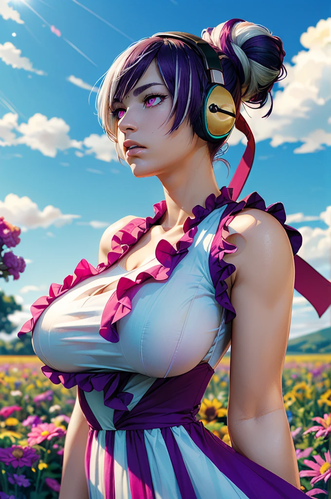 (ultra realistic,32k, masterpiece:1.2),(high detailed skin:1.1),( high quality:1.1),
haehyun kum, hair bun,headphones, (frustrated:1.1),multicolored hair, purple hair, white hair and pink eyes,outside flower field,(layered ruffle dress:1.1), sleeveless,  colorful flowers, sunshine,sky, clouds, blurry background,,fighting pose, (huge breast,large breast:1.1),(lighting:1.1),