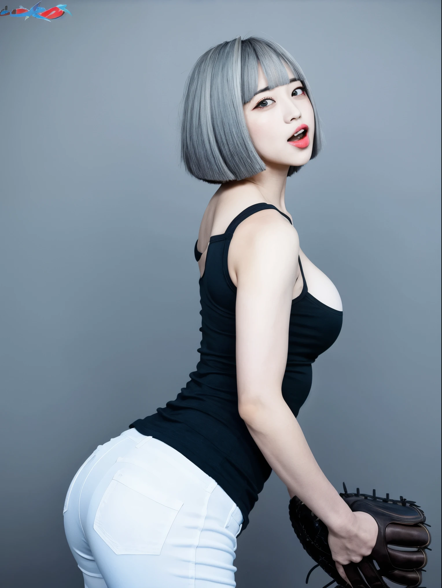 Baseball, strong, big breasts, big butt, showing off, ahegao, background, blur, lake, gray hair, color, bob cut, double eyelids