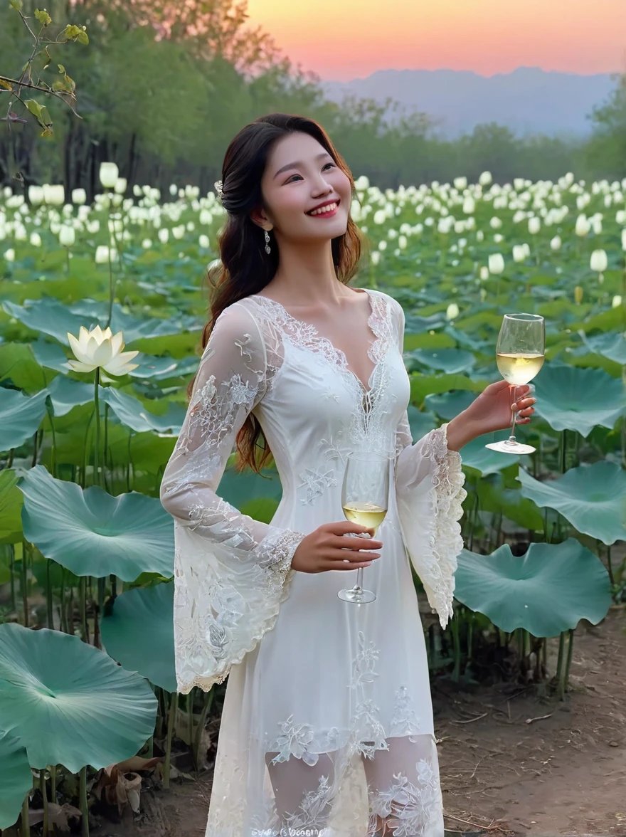 At dusk，The goddess of wine is hidden in the forest of flowers and trees，Wearing a white lace opaque dress，There is a pure white snow lotus painted on it，Holding a wine bottle in one hand，Holding a wine glass in one hand，She smiled at me，Revealing the true feelings after drinking，At this moment, her smile is like a pure angel，The soul is as pure as the moon，There is also a crescent moon in the background，Beautiful painting，Romantic，Natural light, Elegant and beautiful, Romanticism, Luminism, first-person view, cowboy shot, UHD, masterpiece, accurate, anatomically correct, high details, award winning, 8k