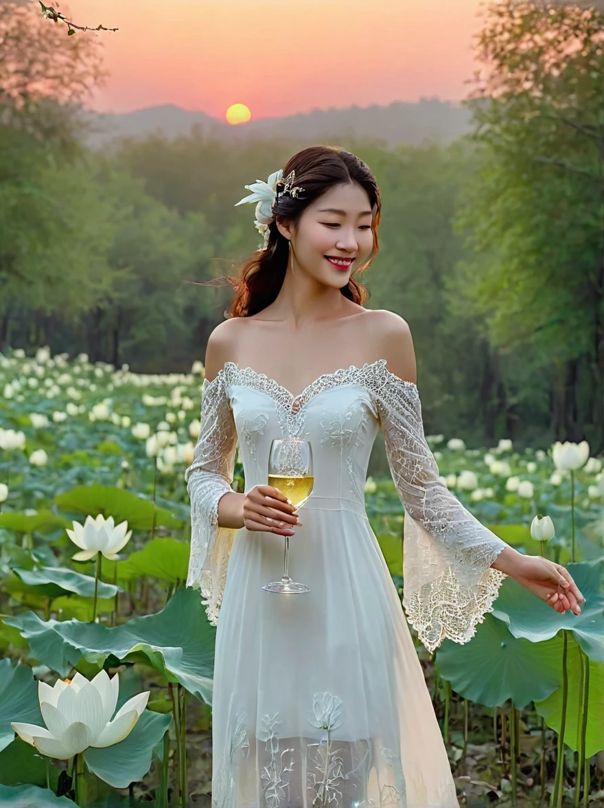 At dusk，The goddess of wine is hidden in the forest of flowers and trees，Wearing a white lace opaque dress，There is a pure white snow lotus painted on it，Holding a wine bottle in one hand，Holding a wine glass in one hand，She smiled at me，Revealing the true feelings after drinking，At this moment, her smile is like a pure angel，The soul is as pure as the moon，There is also a crescent moon in the background，Beautiful painting，Romantic，Natural light, Elegant and beautiful, Romanticism, Luminism, first-person view, cowboy shot, UHD, masterpiece, accurate, anatomically correct, high details, award winning, 8k