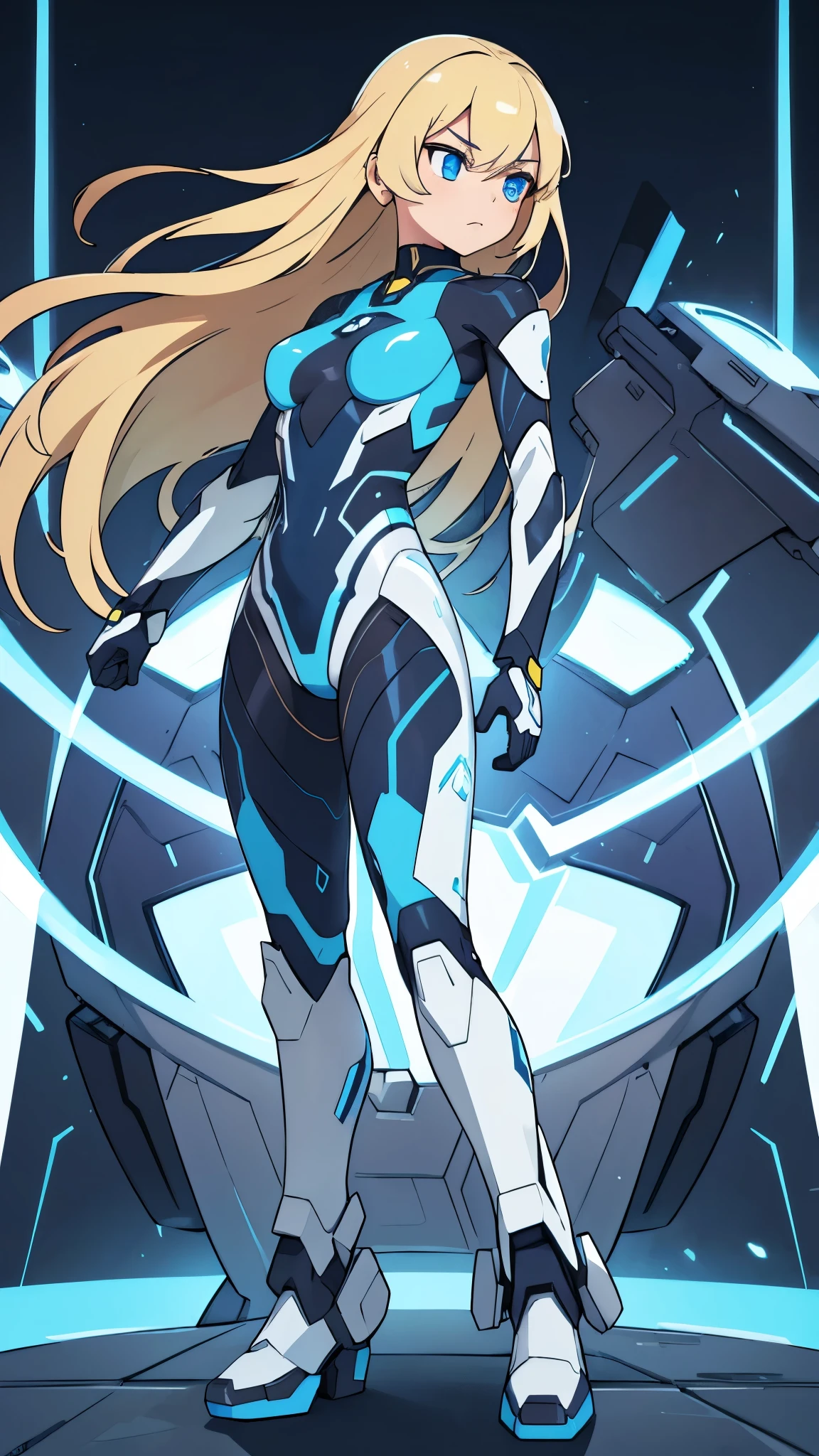 A beautiful young girl with striking blue eyes and long, flowing blonde hair, wearing a sleek, futuristic-looking mecha-style leotard, (best quality,8k,high-res,masterpiece:1.2),ultra-detailed,(realistic,photorealistic,photo-realistic:1.37),detailed facial features,intricate mecha suit design,dramatic lighting,cinematic composition,vibrant colors,dynamic pose